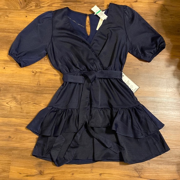 Navy Blue Double Ruffle Hem Cocktail Dress - Picture 4 of 8